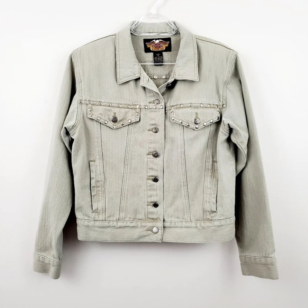 Harley Davidson | Taupe Studded Denim Crop Jacket - Picture 1 of 8